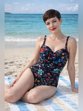 Roatan Swim Wear, Black Vibrant Multicolored Floral Swimsuit, Women’s L, Ruching